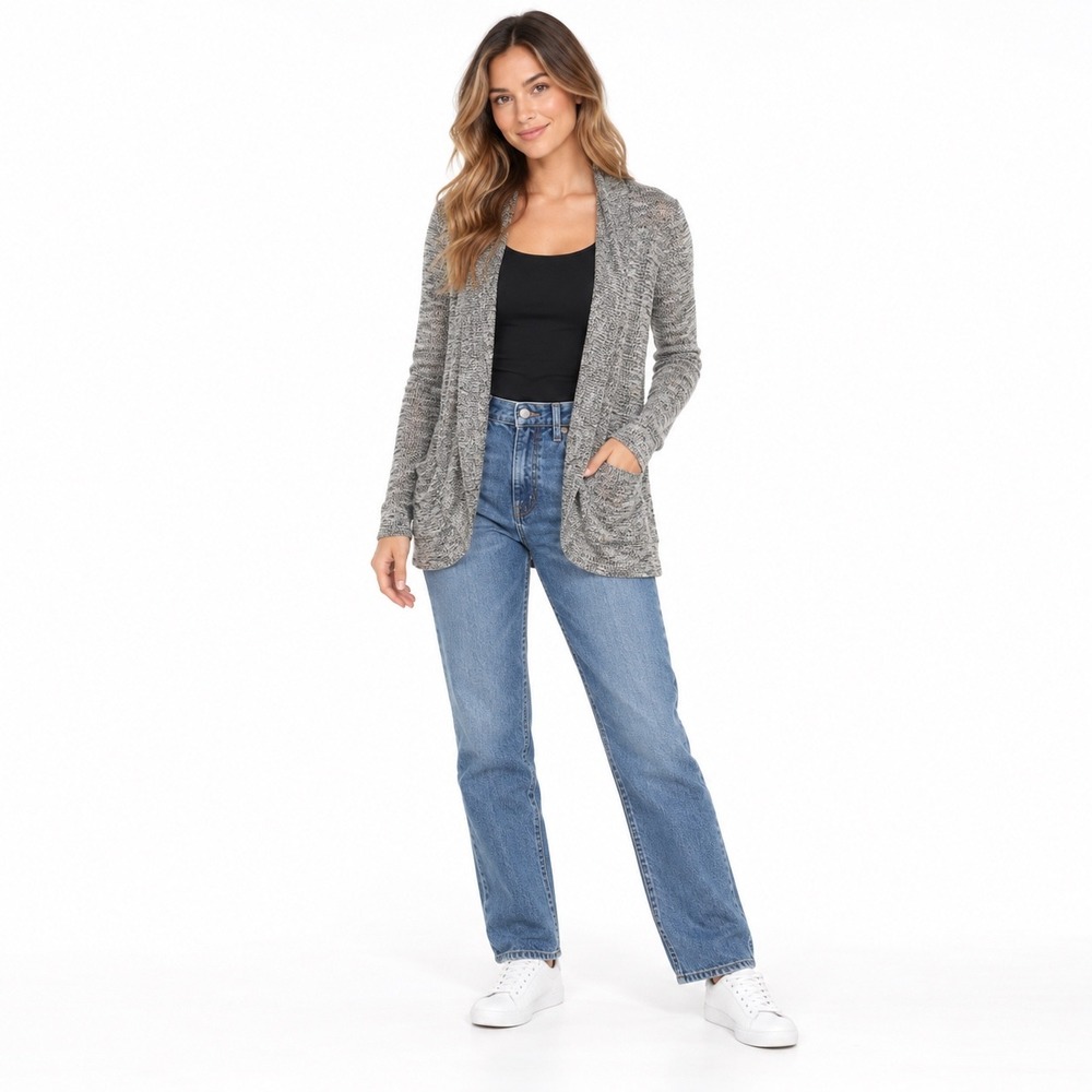 Aeropostale Cardigan Women Small Grey Marl Open Front Pocket Space Dye Sweater